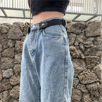 Black no-buckle belt with snap-fastened end loops and a sliding length adjuster