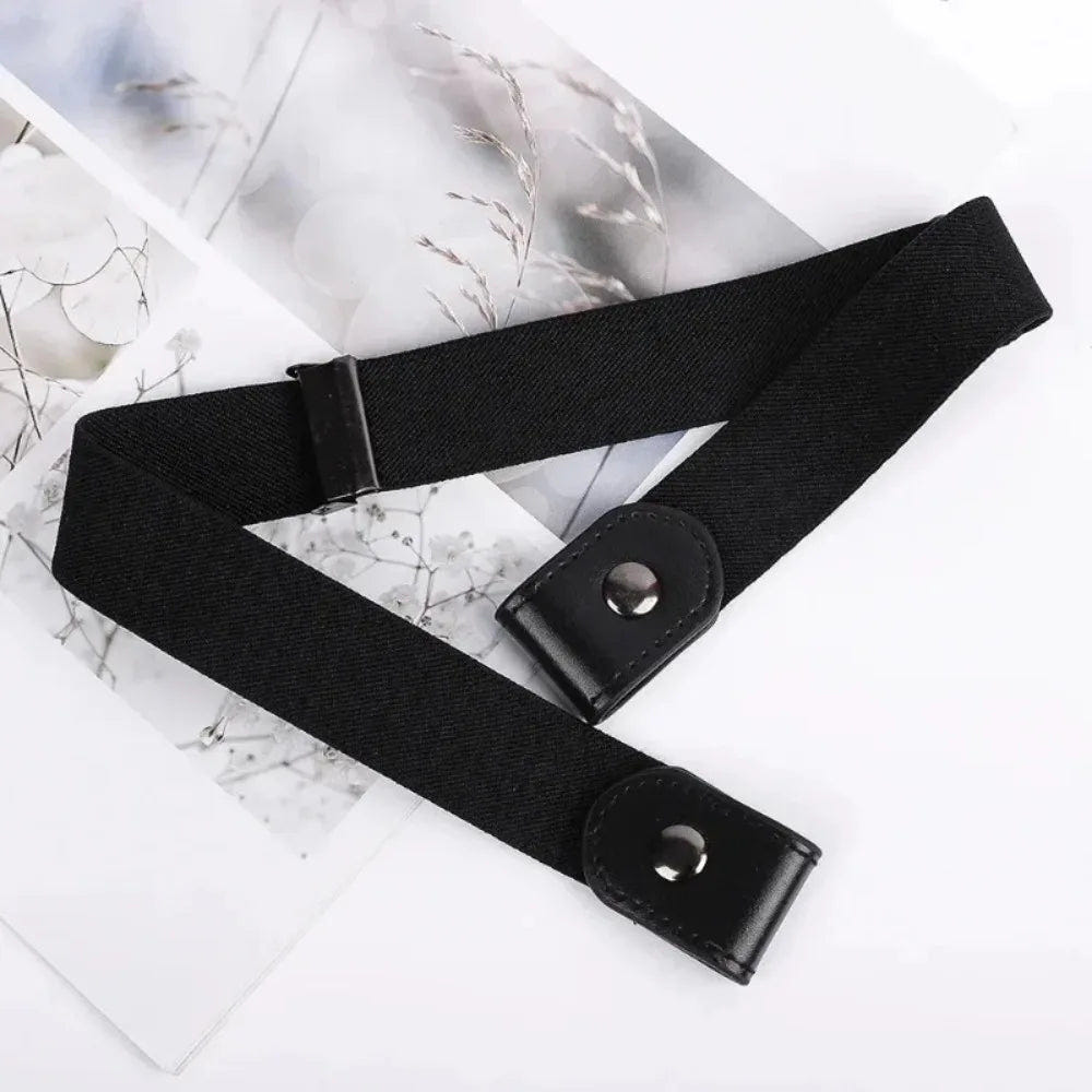 Black belt laid flat, showing the adjustable band and snap-fastened end loops