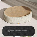 Oval scratcher bed with an inset close-up of its textured underside
