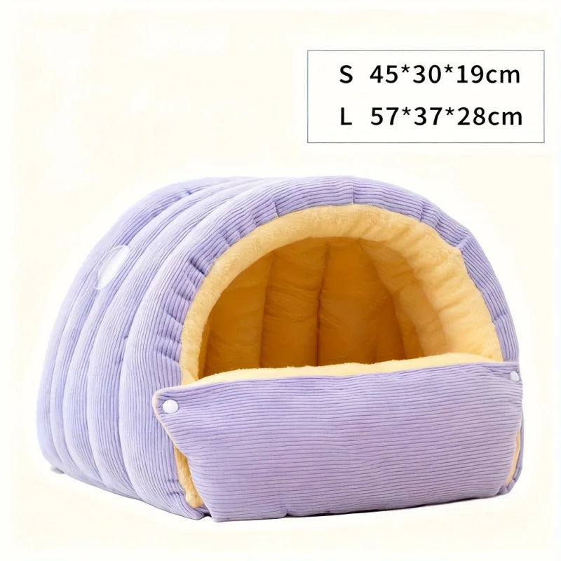 Purple cat cave size chart showing S: 45 × 30 × 19 cm and L: 57 × 37 × 28 cm