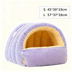 Purple cat cave size chart showing S: 45 × 30 × 19 cm and L: 57 × 37 × 28 cm
