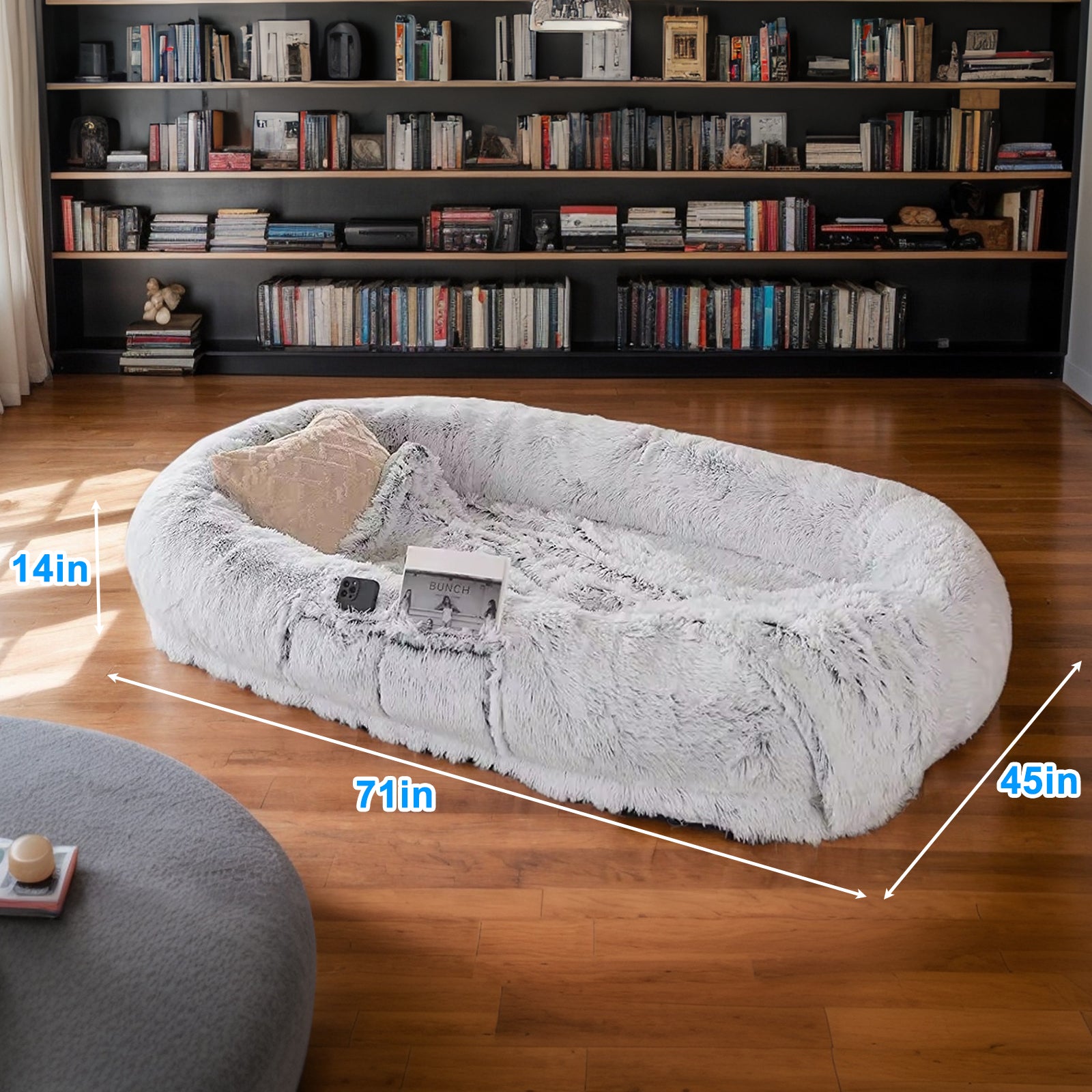 Human-size dog bed dimensions, 71 x 45 x 14 inches
