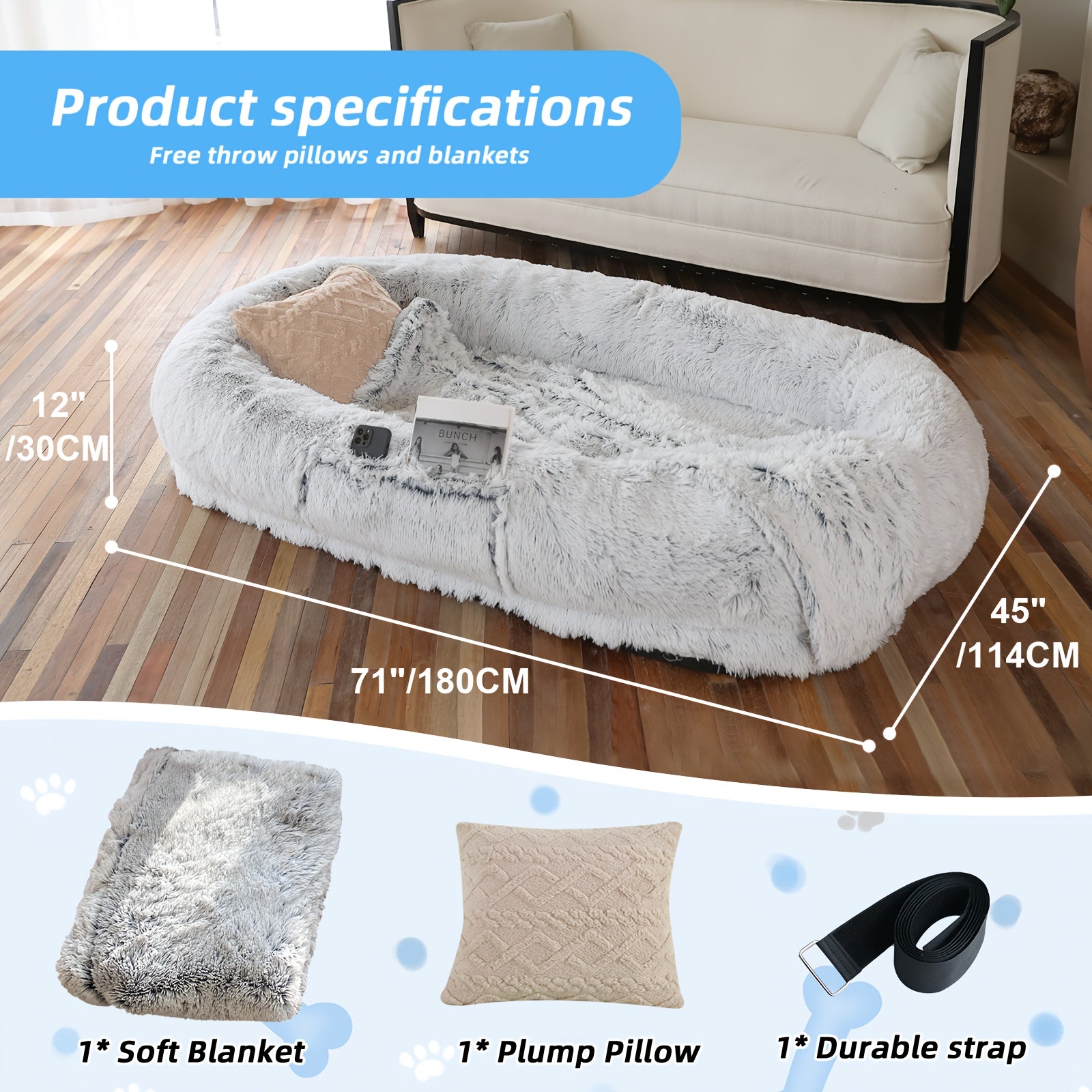 Oversized faux fur human dog bed lounger