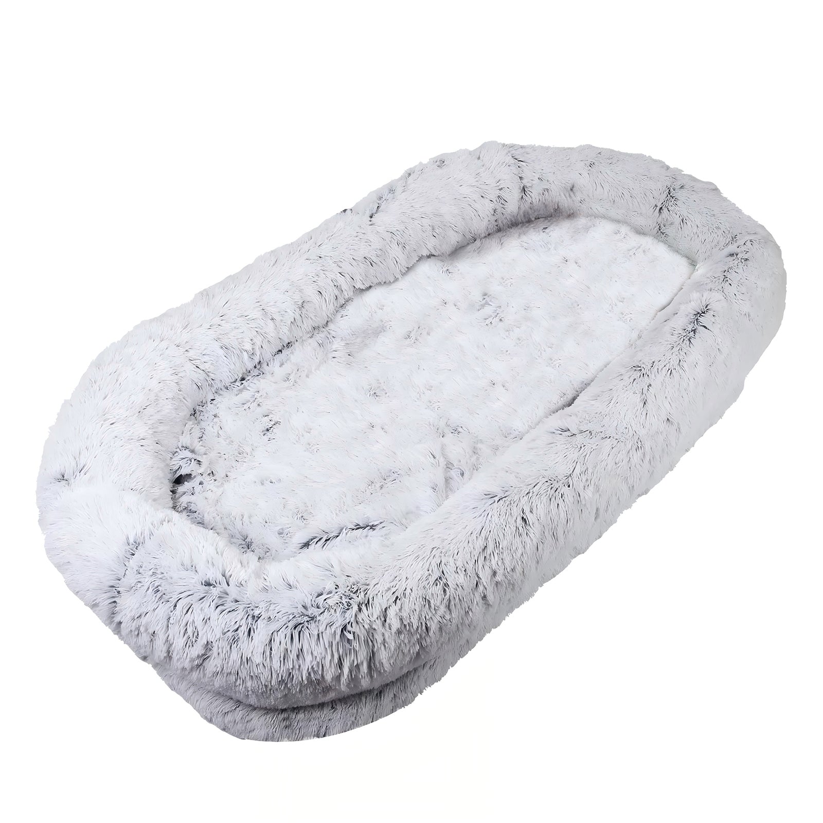 Human-size dog bed, grey faux fur, angled product view