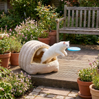 Beige cat cave bed on a wooden patio beside a white cat