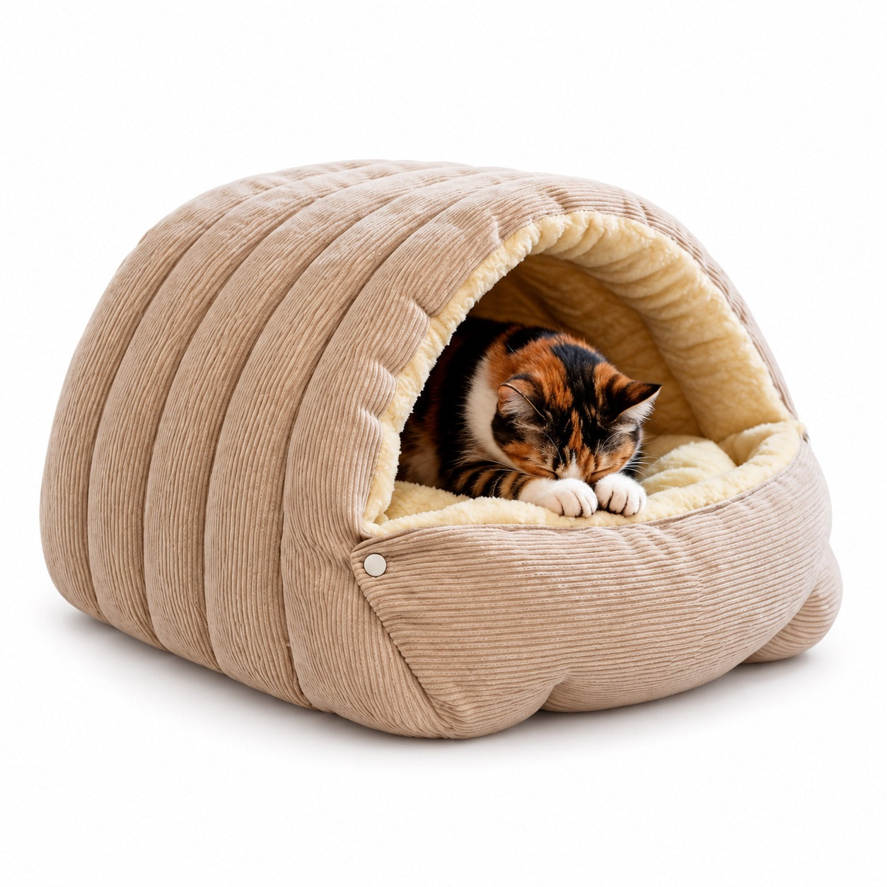 Beige cat cave bed with a resting cat on a white background