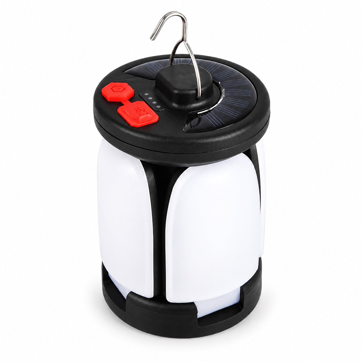 Black and white folding camping lantern with its hanging hook on a white background